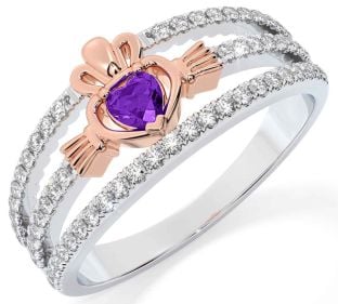 Diamond Amethyst Rose Gold Silver Claddagh Ring