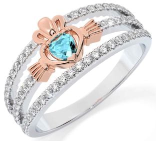 Diamant Akvamarin Rose Gull Sølv Claddagh Ringe