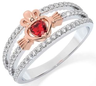 Diamant Rubin Rose Gold Silber Claddagh Ring