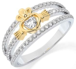 Diamante Ouro Prata Claddagh Anel