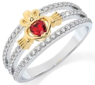 Diamond Ruby White Yellow Gold Claddagh Ring