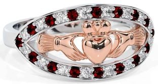 Diamond Garnet Rose Gold Silver Claddagh Ring