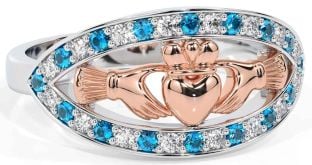 Diamond Topaz Rose Gold Silver Claddagh Ring