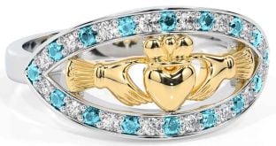 Diamond Aquamarine Gold Silver Claddagh Ring