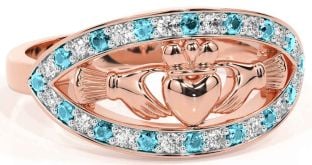 Diamond Aquamarine Rose Gold Silver Claddagh Ring