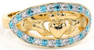 Diamond Aquamarine Gold Silver Claddagh Ring