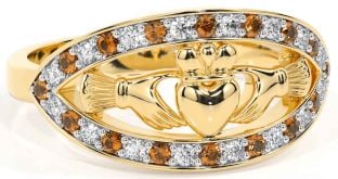 Diamond Citrine Gold Silver Claddagh Ring