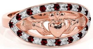 Diamond Garnet Rose Gold Claddagh Ring