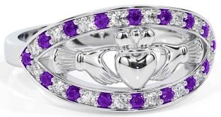 Diamond Amethyst Silver Claddagh Ring