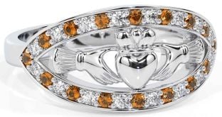 Diamond Citrine Silver Claddagh Ring