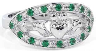 Diamond Emerald Silver Claddagh Ring