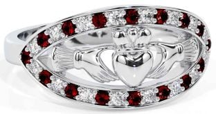 Diamond Garnet Silver Claddagh Ring