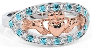 Diamond Aquamarine Rose Gold Silver Claddagh Ring