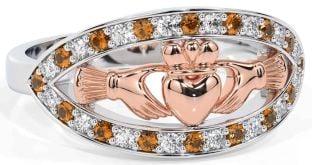 Diamond Citrine Rose Gold Silver Claddagh Ring