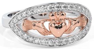 Diamond Rose Gold Silver Claddagh Ring