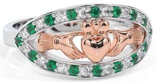 Diamond Emerald Rose Gold Silver Claddagh Ring