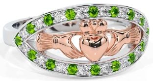 Diamond Peridot Rose Gold Silver Claddagh Ring