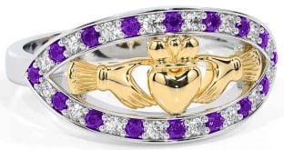 Diamond Amethyst Gold Silver Claddagh Ring