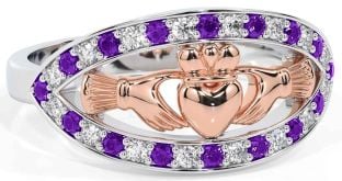 Diamond Amethyst White Rose Gold Claddagh Ring