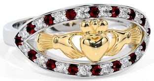 Diamond Garnet White Yellow Gold Claddagh Ring