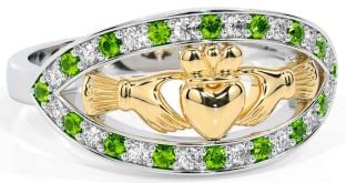 Diamond Peridot White Yellow Gold Claddagh Ring