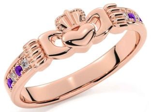 Diamond Amethyst Rose Gold Silver Claddagh Ring