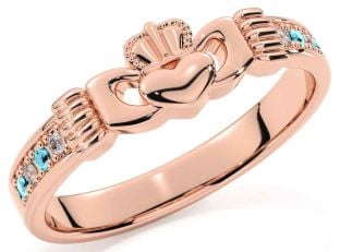 Diamond Aquamarine Rose Gold Silver Claddagh Ring