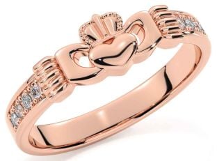 Diamond Rose Gold Silver Claddagh Ring