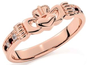 Diamond Garnet Rose Gold Silver Claddagh Ring