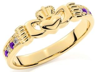 Diamond Amethyst Gold Silver Claddagh Ring