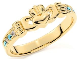 Diamond Aquamarine Gold Silver Claddagh Ring