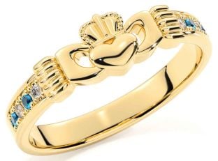 Diamond Topaz Gold Silver Claddagh Ring