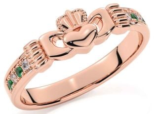 Diamond Emerald Rose Gold Claddagh Ring