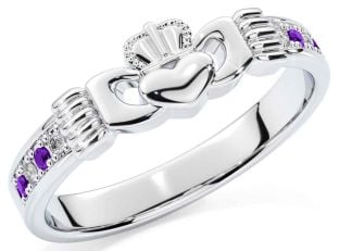 Diamond Amethyst Silver Claddagh Ring