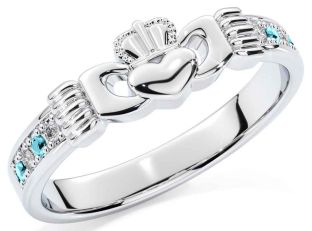 Diamond Aquamarine Silver Claddagh Ring