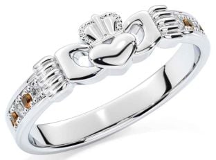 Diamond Citrine Silver Claddagh Ring