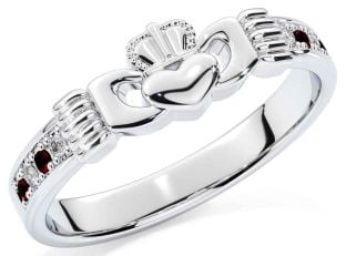 Diamond Garnet Silver Claddagh Ring