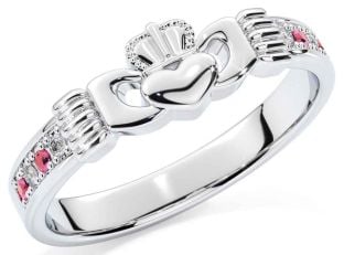 Diamond Pink Tourmaline Silver Claddagh Ring