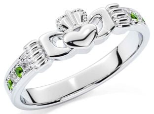 Diamond Peridot Silver Claddagh Ring