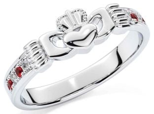 Diamond Ruby Silver Claddagh Ring