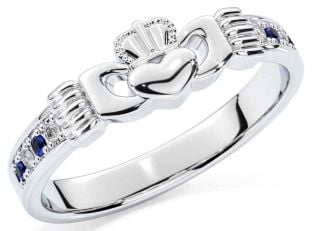 Diamond Sapphire Silver Claddagh Ring