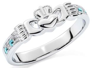 Diamond Aquamarine White Gold Claddagh Ring