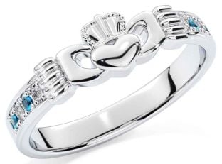 Diamond Topaz White Gold Claddagh Ring