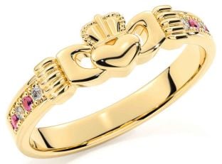 Diamond Pink Tourmaline Gold Claddagh Ring