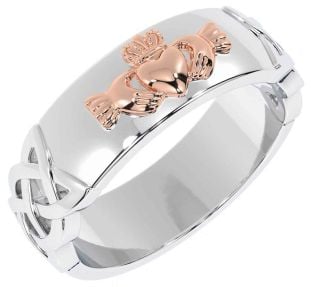 Men's White Rose Gold Celtic Claddagh Ring