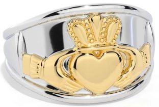 Men's White Yellow Gold Claddagh Ring