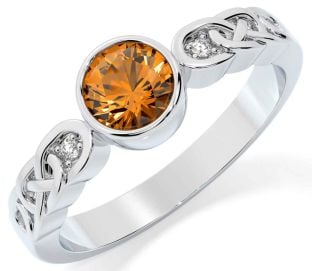 Diamond Citrine White Gold Celtic Trinity Knot Ring