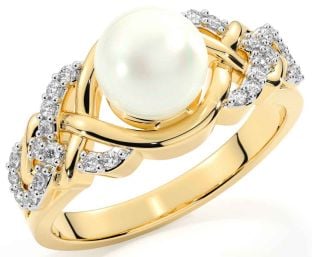 Diamond Pearl Gold Silver Celtic Trinity Knot Ring