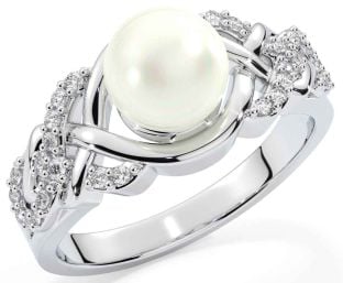 Diamond Pearl Silver Celtic Trinity Knot Ring