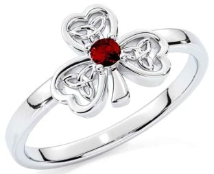 Garnet Silver Shamrock Ring